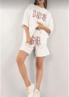 Kadın Unisex Nakış İşlemeli Şort Takım - Beyaz