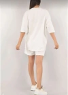 Kadın Unisex Nakış İşlemeli Şort Takım - Beyaz