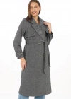 Kadın Uzun Kaşe Kaban – Balık Sırtı Dokuma Kaşmir Kumaş, Kruvaze Yaka, Kuşaklı Cepli Model, Oversize Rahat Kalıp - Boyalı Gri