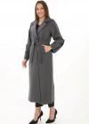Kadın Uzun Kaşe Kaban – Yünlü Dokuma Kaşmir Kumaş, Kruvaze Yaka, Kuşaklı Astarlı Tesettür Uyumlu Şık Kışlık Siyah Model - Füme