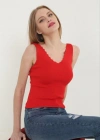 Kadın V Yaka Fırfır Detay Crop - Kırmızı