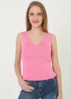Kadın V Yaka Fırfır Detay Crop - Pembe