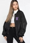 Kadın Wild One Baskılı Bomber Mont – Siyah Renk, Oversize Rahat Kalıp, Fermuarlı, Cepli, Günlük Şık Kapitone Mont - Siyah