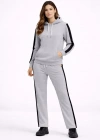 KADIN Yandan Şeritli Eşofman Takım Kapüşonlu Sweatshirt Boru Paça Alt, Oversize 3 iplik Pamuklu - Gri