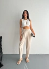 Kadın Yüksel Bel Beli Bağcıklı Rahat Boru Paça Pantalon - Kırık Beyaz