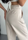 Kadın Yüksel Bel Beli Bağcıklı Rahat Boru Paça Pantalon - Kırık Beyaz