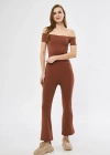 Kadın Yüksel Bel Fitilli İspanyol Paça Tayt - Kahve