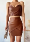 Kapaklı asimetrik model deri etek kahve s240106