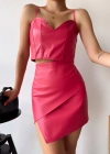 Kapaklı asimetrik model deri etek pembe s240106