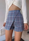 Kapaklı tüvit şort etek mavi