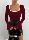 Kare yaka garni detay ispanyol kol bluz bordo a3105