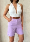Kemerli gabardin şort lila s25735
