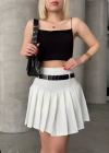 Kemerli piliseli şort etek beyaz s25305