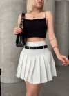 Kemerli piliseli şort etek beyaz s25305