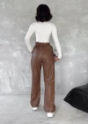 Kendinden ince kemerli deri pantolon kahve t1178