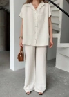 Keten Kısa Kollu Cepli Gömlek Pantolon ikili Takım - Beyaz