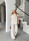 Keten Kısa Kollu Cepli Gömlek Pantolon ikili Takım - Beyaz