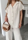 Keten Kısa Kollu Cepli Gömlek Pantolon ikili Takım - Beyaz