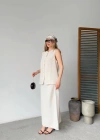 Keten Kolsuz Sıfır Yaka İlik Düğmeli Kolsuz Hırka Etek ikili Takım- Beyaz