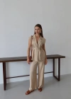 Keten yelek pantolon takım bej pt
