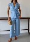 Keten yelek pantolon takım mavi pt
