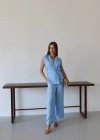 Keten yelek pantolon takım mavi pt