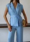 Keten yelek pantolon takım mavi pt