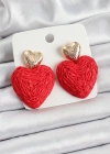 Kırmızı Kalp Figürlü Hasır Örgü Model Gold Renk Kadın Küpe