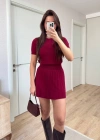 Kısa Kollu Bluz Mini Etekli ikili Takım Triko - Bordo