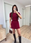 Kısa Kollu Bluz Mini Etekli ikili Takım Triko - Bordo
