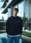 Kışlık Bisiklet Yaka Oversize Baskılı SweatShirt - Siyah