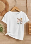 Kız Çocuk Bisiklet Yaka Baskılı T-Shirt - Beyaz