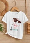 Kız Çocuk Bisiklet Yaka Baskılı T-Shirt - Beyaz