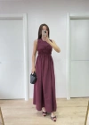 Kolsuz Göğüs Lastıklı %100 Poplin Uzun Elbise - Bordo