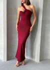 Krinkıl tek omuz uzun elbise bordo s25455