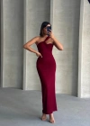 Krinkıl tek omuz uzun elbise bordo s25455