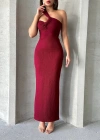 Krinkıl tek omuz uzun elbise bordo s25455