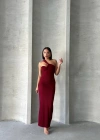 Krinkıl tek omuz uzun elbise bordo s25455