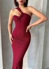 Krinkıl tek omuz uzun elbise bordo s25455