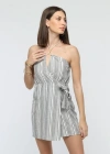Kuşaklı çizgili mini keten elbise