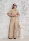 Kuşaklı gömlek yaka salaş tulum bej s255822