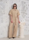 Kuşaklı gömlek yaka salaş tulum bej s255822