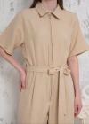 Kuşaklı gömlek yaka salaş tulum bej s255822