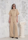 Kuşaklı gömlek yaka salaş tulum bej s255822