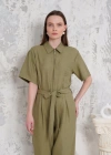 Kuşaklı gömlek yaka salaş tulum haki s255822