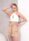 Kuşaklı keten şort bej s255265