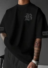 LB Ön Arka Baskılı Oversize Bisiklet Yaka Yazlık T-shirt - Siyah