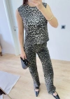 leopar desenli Düğmeli Bluzlu Pantolon İkili Takım -Leopar