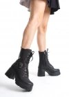 Linma Siyah Cilt Bağcıklı Topuklu Bot