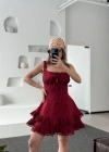 Mini Askılı Elbise - Bordo